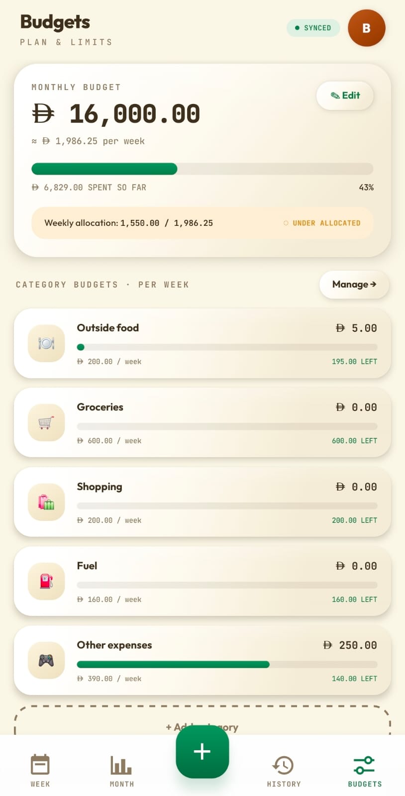 EXPENDR Budgets screen: monthly budget with weekly allocation and per-category limits