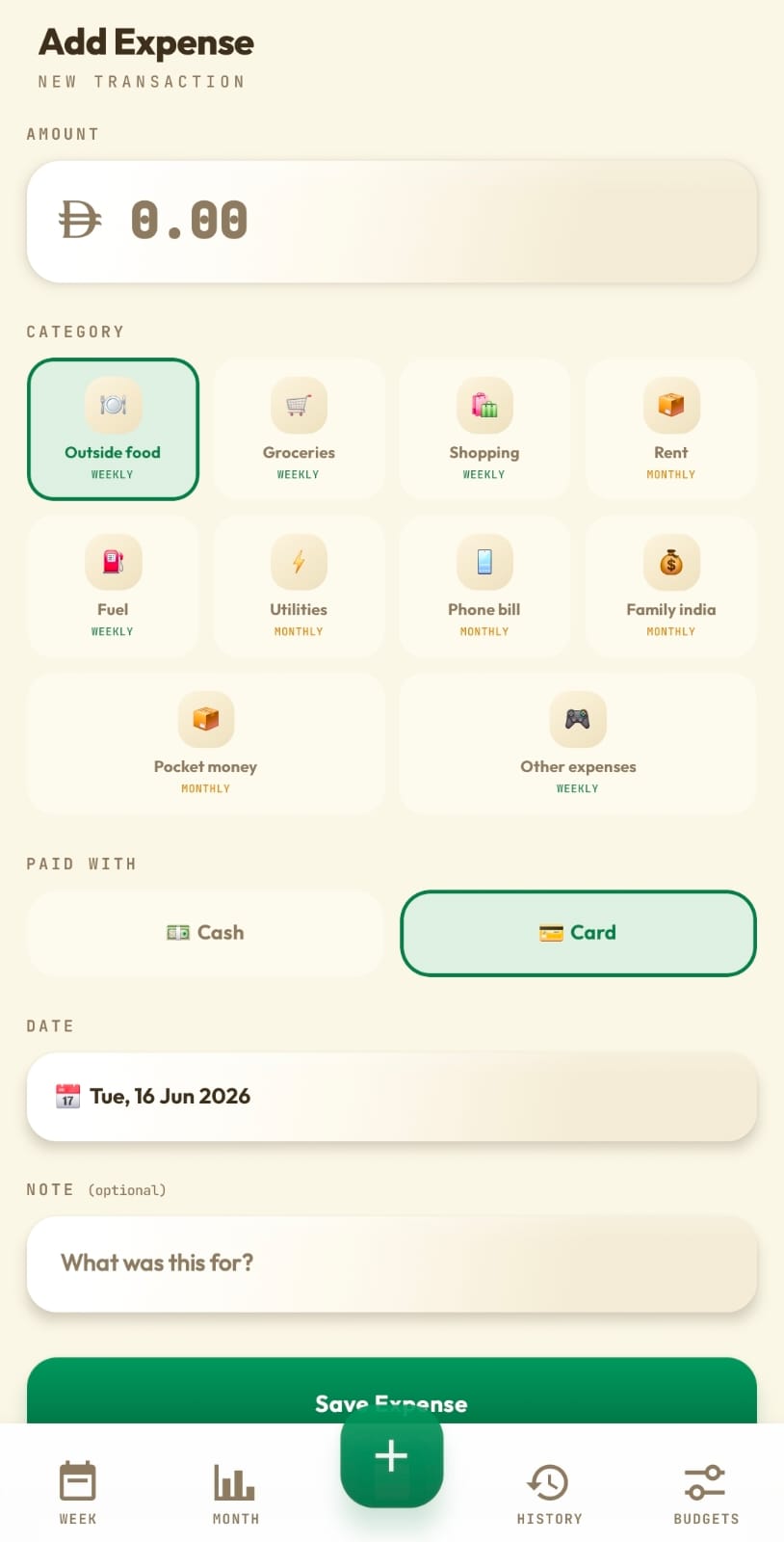 EXPENDR Add Expense screen: amount, weekly and monthly categories, cash or card, and date
