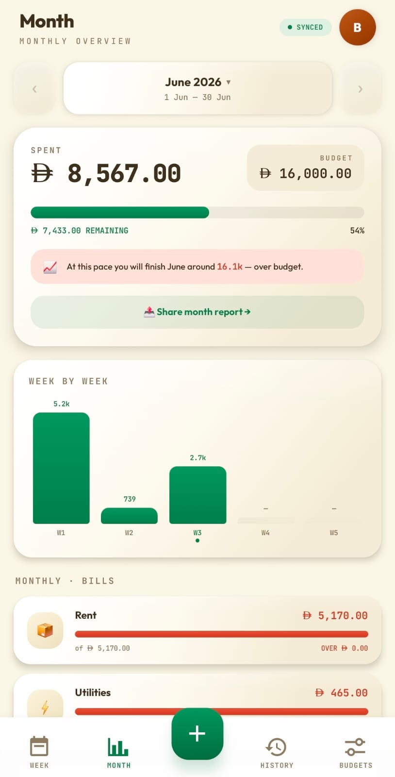 EXPENDR Month screen: monthly spend versus budget, a pace projection, a week-by-week chart and monthly bills