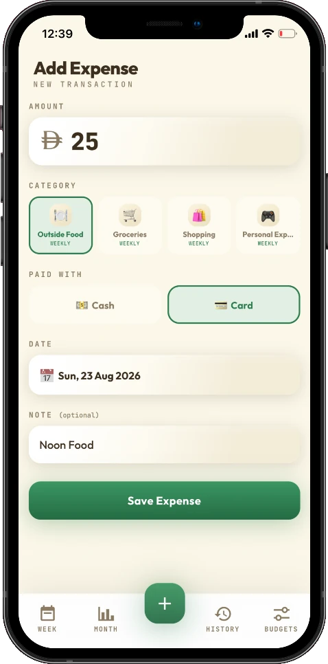 EXPENDR Add Expense screen: amount, weekly and monthly categories, cash or card, and date