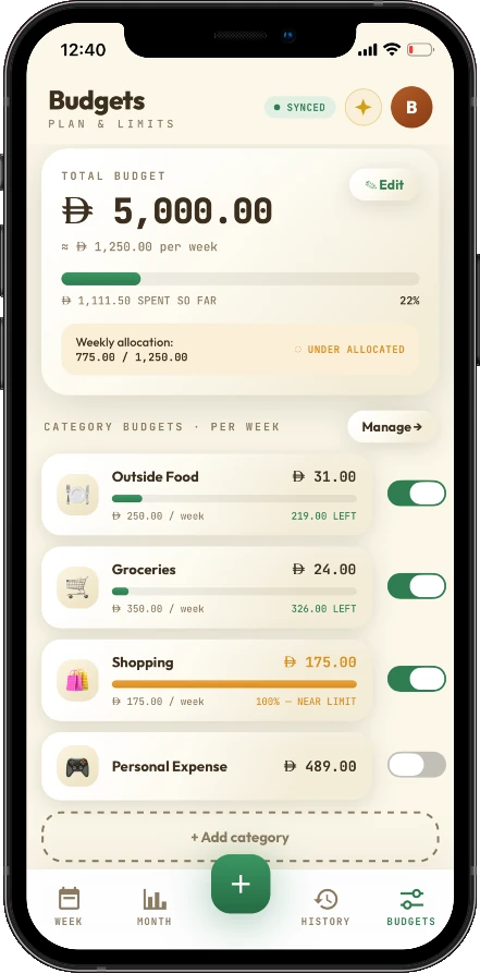 EXPENDR Budgets screen: monthly budget with weekly allocation and per-category limits
